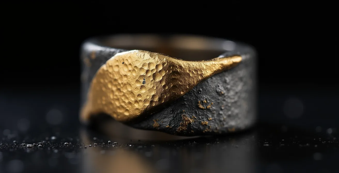 Dramatische Nahaufnahme eines Schmuckstücks aus rohem Stahl kombiniert mit traditionellem Gold