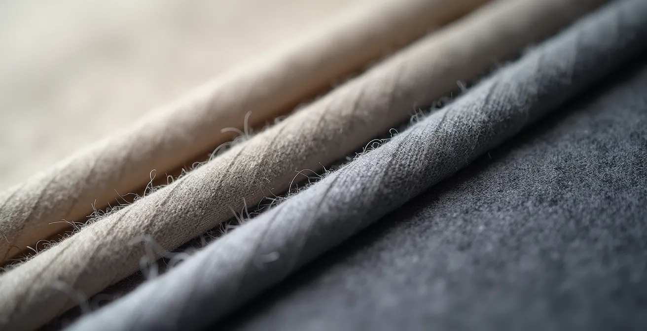Makroaufnahme verschiedener hochwertiger Stofftexturen wie Wolle und Leinen, die die Qualität und Verarbeitungsdetails zeitloser Mode hervorheben.