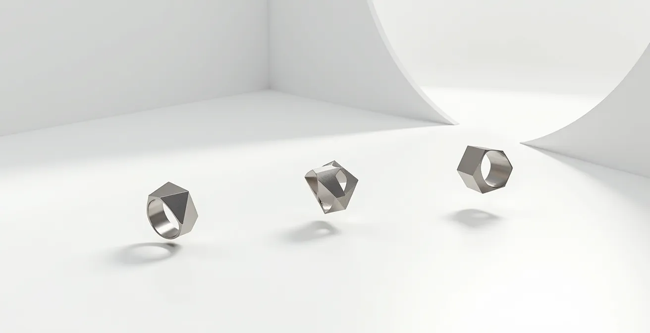 Minimalistische Komposition zeigt die Evolution eines Schmuckdesigns von 1960 bis heute