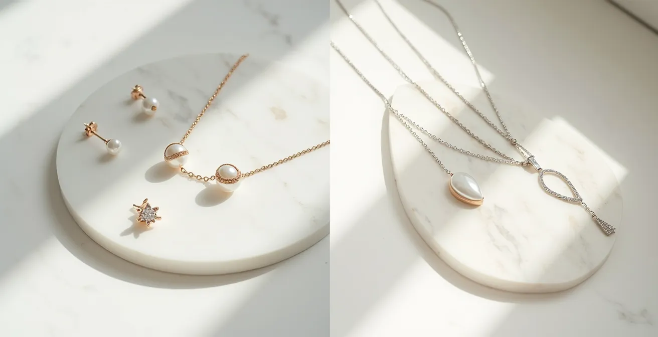 Vergleich zwischen minimalistischem und opulentem Brautschmuck-Styling an einer eleganten Büste