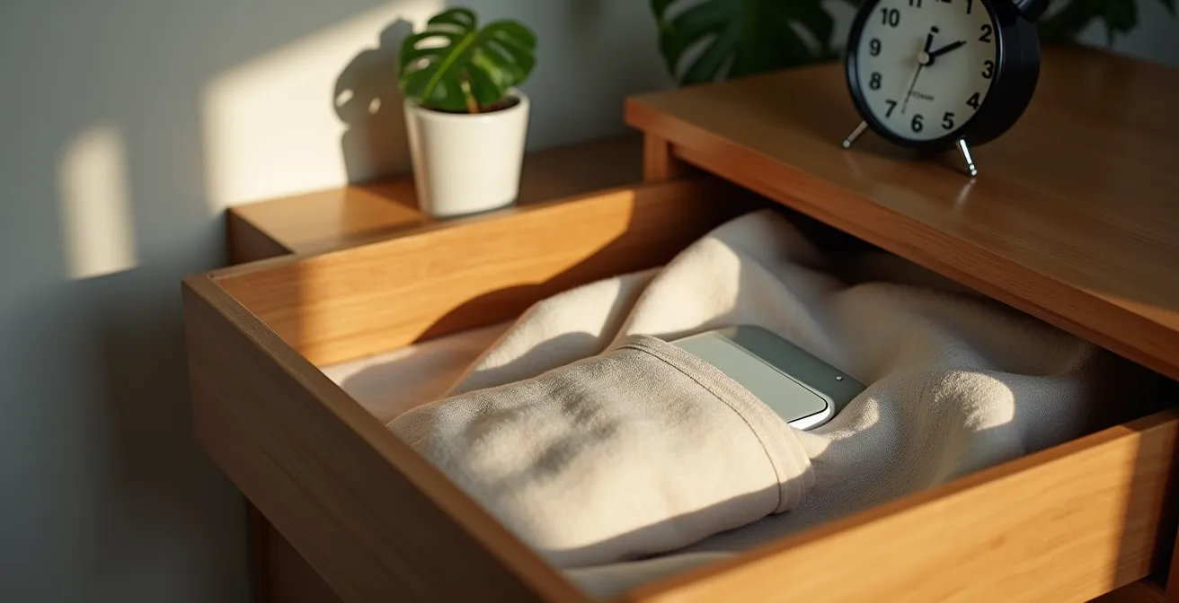 Smartphone in Holzschublade verstaut, daneben Zimmerpflanze und analoger Wecker