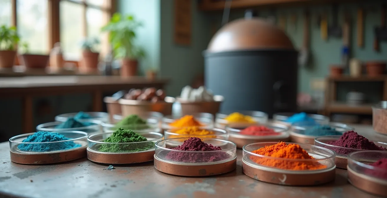 Emaillierworkshop mit bunten Emaillefarben und traditionellen Werkzeugen