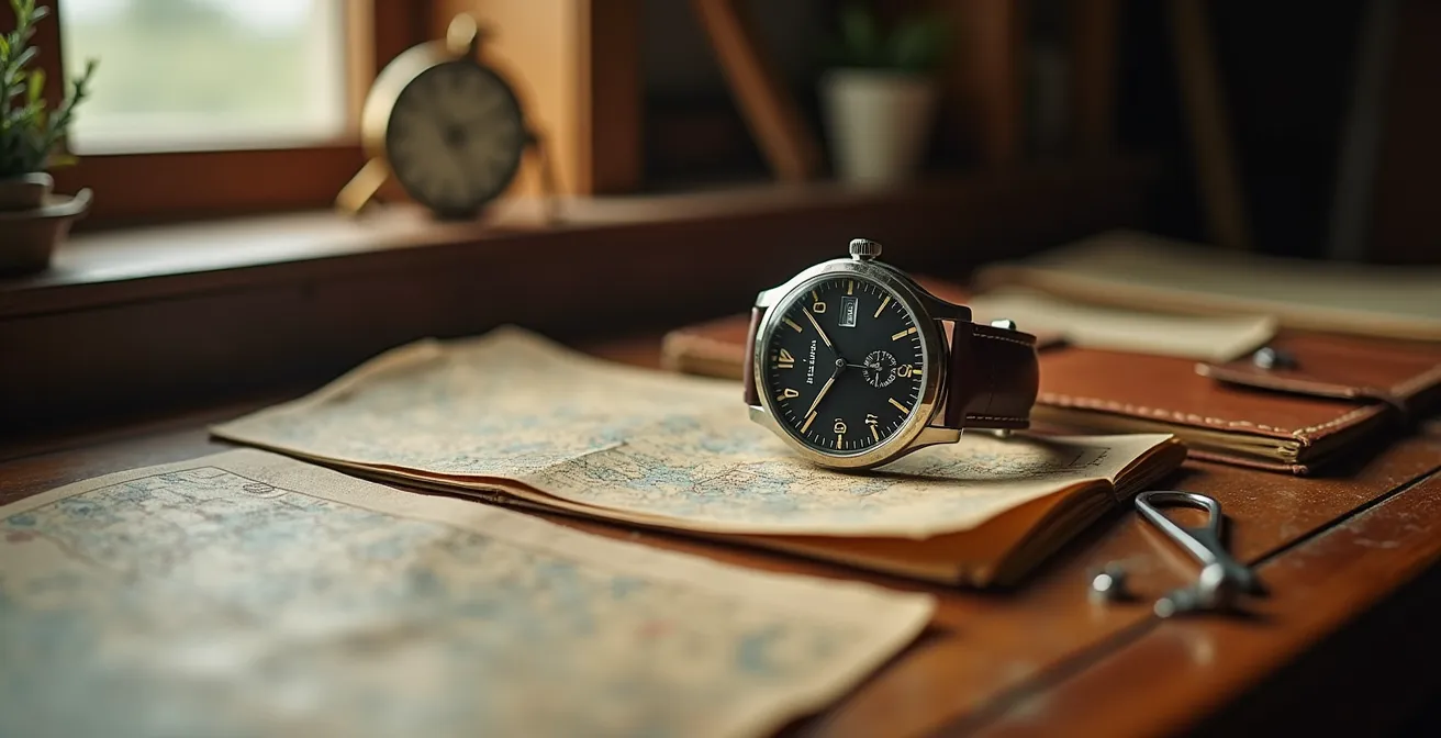 Klassische deutsche Fliegeruhr mit charakteristischem Zifferblatt und Lederarmband