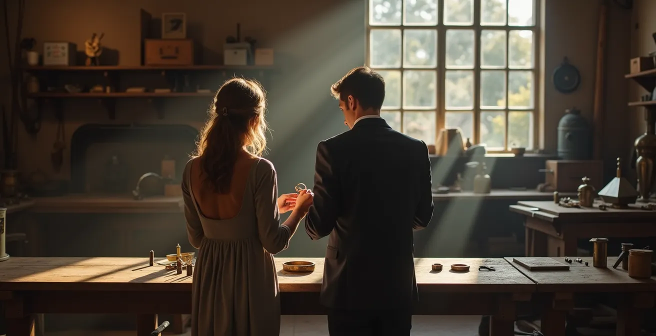 Paar bei der gemeinsamen Auswahl ihrer Eheringe beim Goldschmied