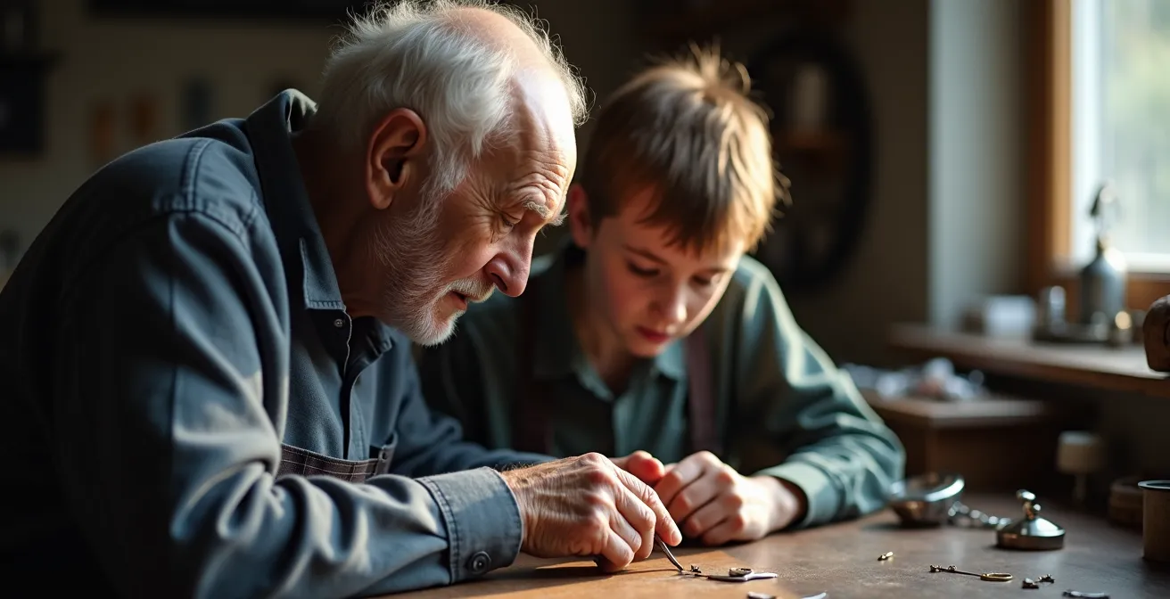 Älterer Meister zeigt jungem Lehrling traditionelle Goldschmiedetechnik