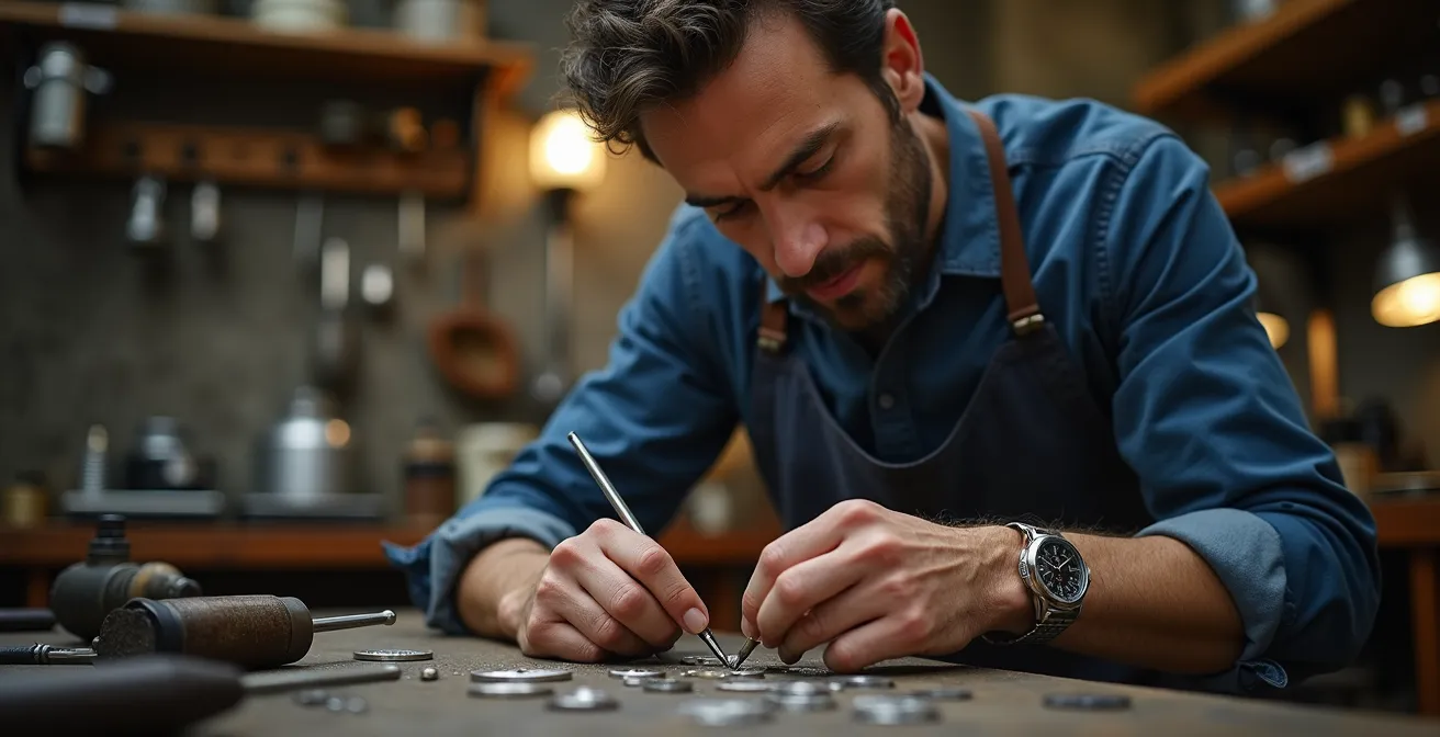 Handgravierter Unruhkloben einer deutschen Manufakturuhr aus Glashütte