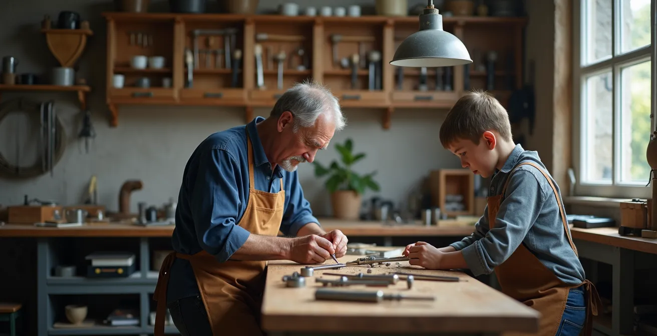 Meister zeigt Auszubildendem traditionelle Goldschmiedetechniken in deutscher Werkstatt