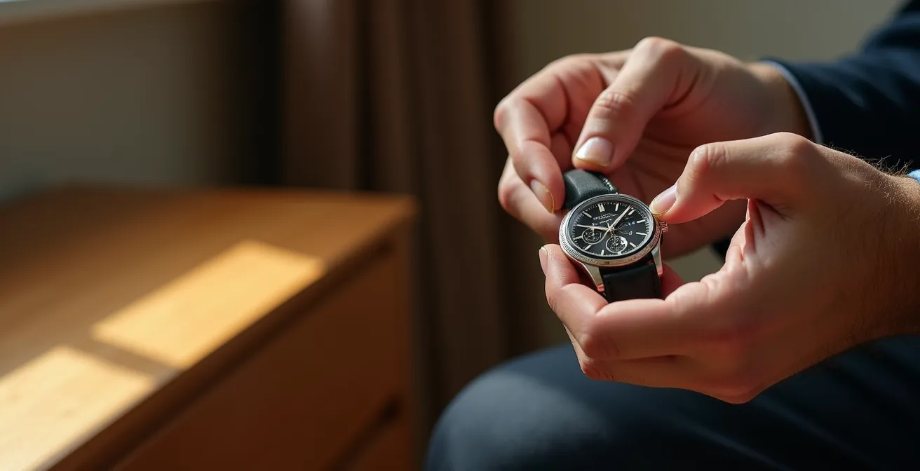 Männerhände beim achtsamen Aufziehen einer mechanischen Luxusuhr am Morgen