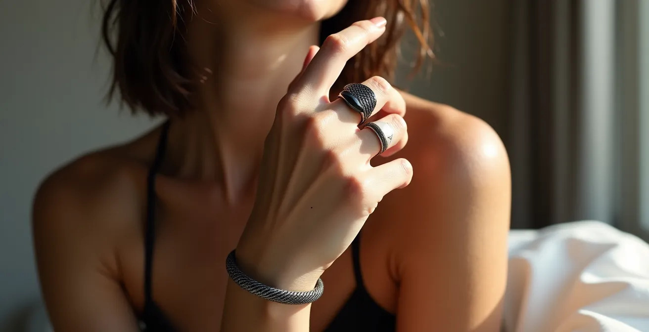 Eine elegante Hand, die modernen Schmuck aus matten Titan- und glänzenden Keramikelementen trägt.