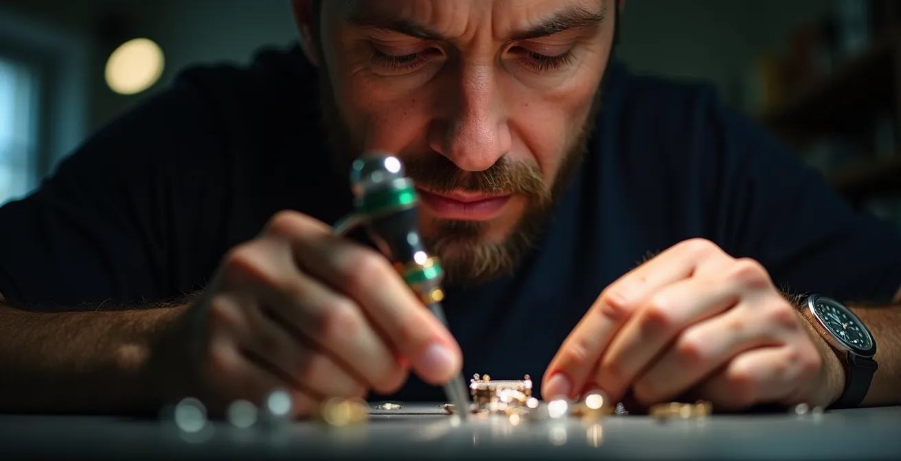 Juwelierslupe über einem diamantbesetzten Ring während der finalen Inspektion