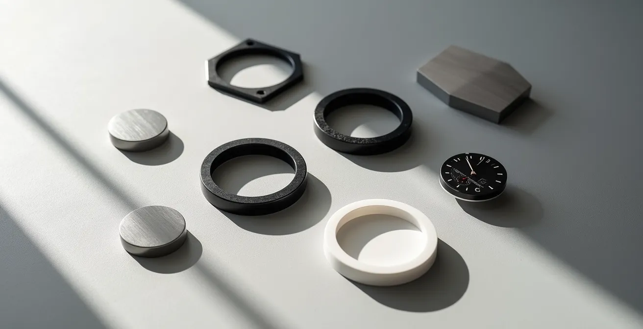 Vergleichende Darstellung von Keramik- und Carbon-Materialien in minimalistischer Umgebung