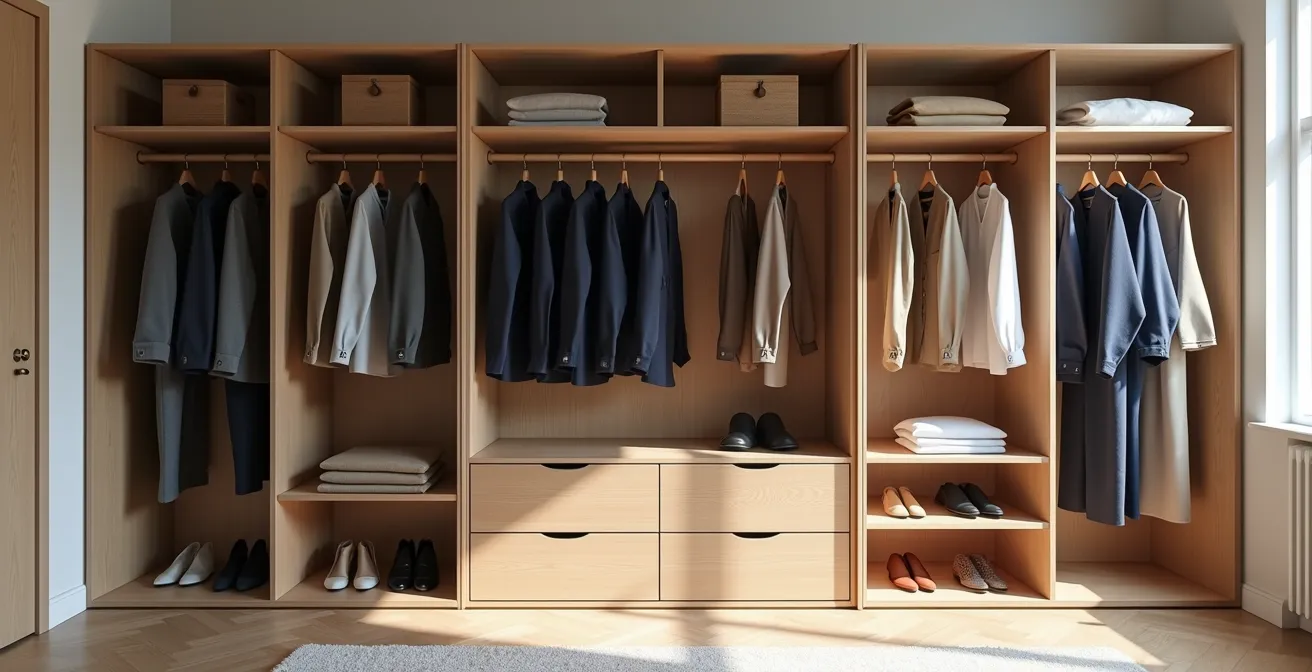 Systematische Analyse des Kleiderschranks nach Lebensbereichen, aufgeteilt in professionelle, legere und formelle Kleidung.
