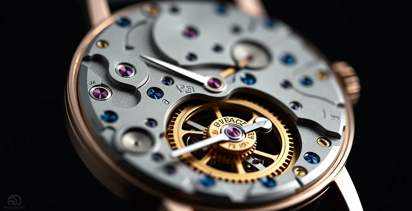 Makroaufnahme eines Glashütter Manufaktur-Uhrwerks mit typischer Dreiviertelplatine