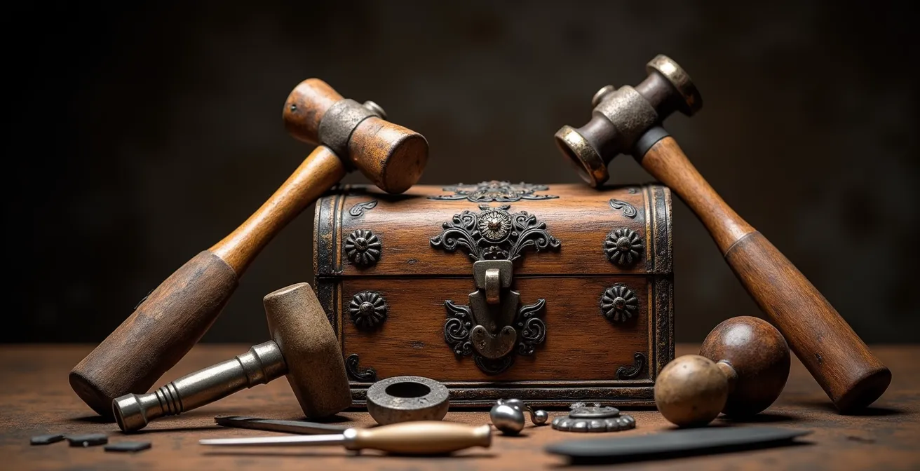 Historische Goldschmiedewerkzeuge und Meisterbrief auf antikem Werktisch