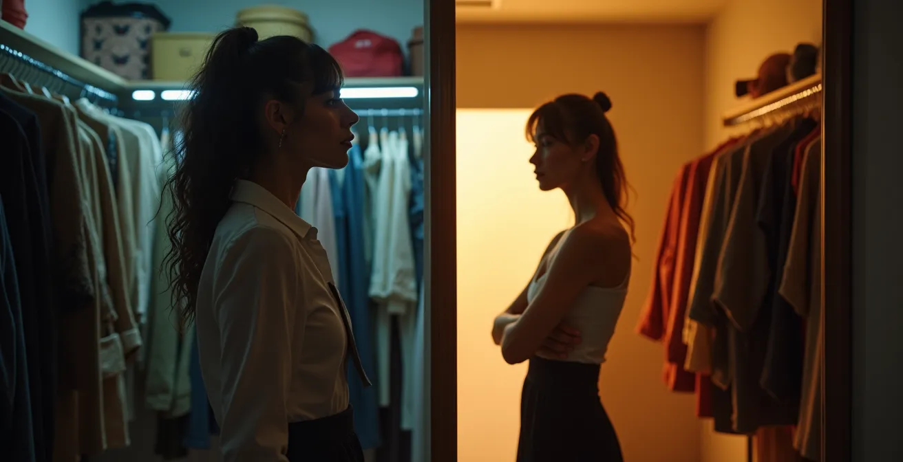 Spiegelreflexion einer Frau, die ihr authentisches Selbstbild ohne den Druck gesellschaftlicher Erwartungen betrachtet.