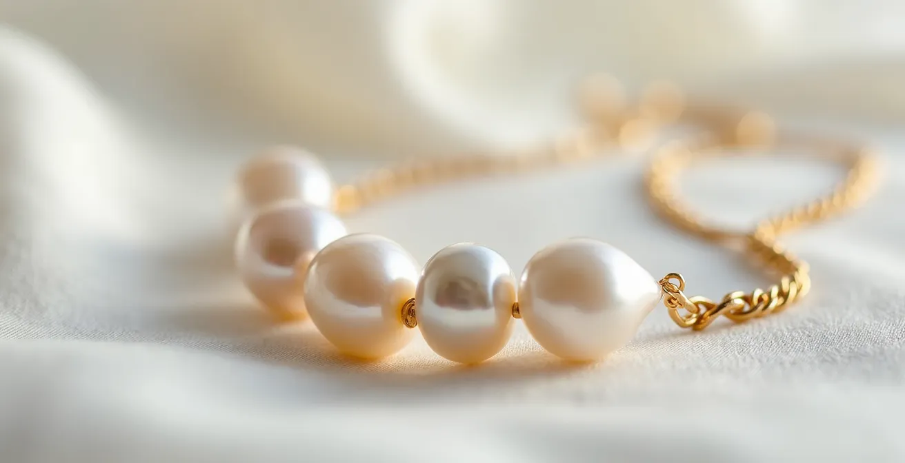 Makroaufnahme von Barockperlen und modernem Golddesign, die eine moderne Interpretation von Brautschmuck zeigt