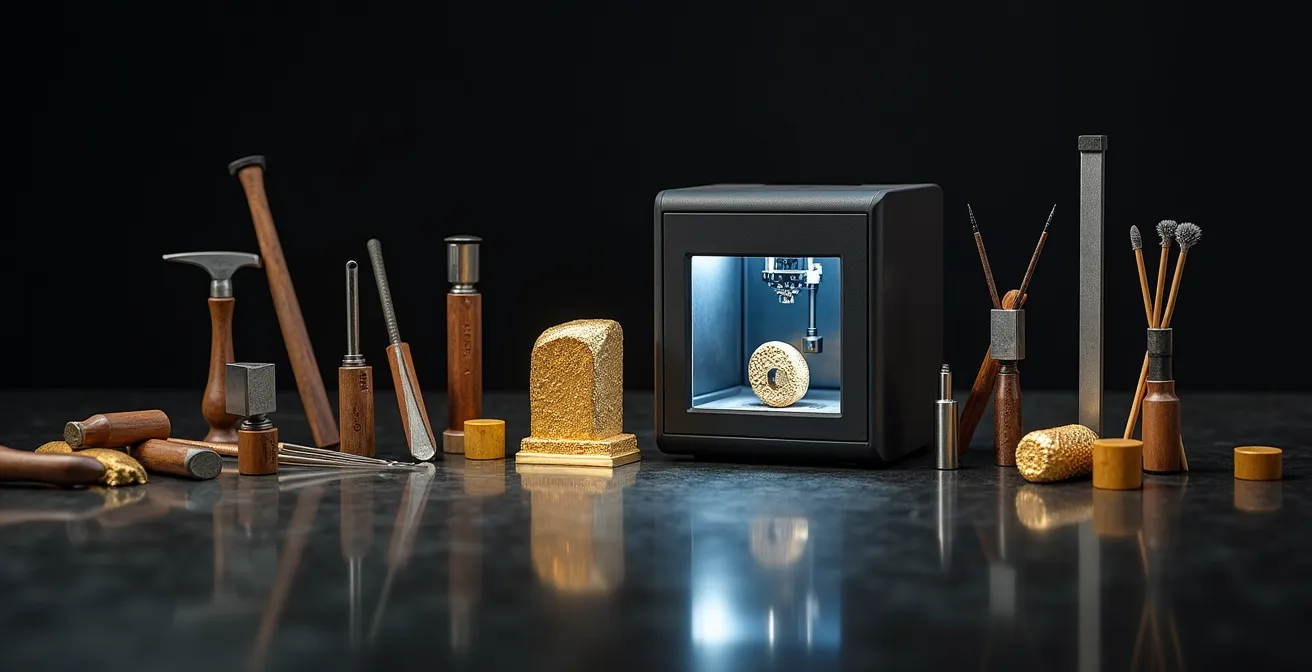Werkbank mit traditionellen Goldschmiedewerkzeugen neben modernem 3D-Drucker