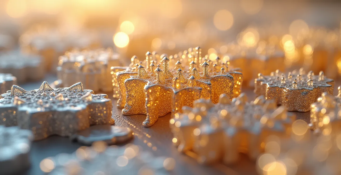 Makroaufnahme einer algorithmisch generierten Schmuckstruktur, die an kristalline Formationen erinnert