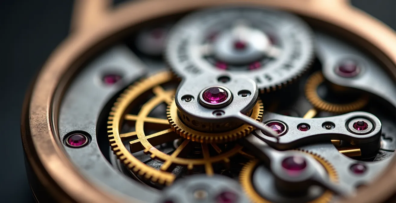 Makroaufnahme einer präzisen mechanischen Uhr mit sichtbarem Uhrwerk
