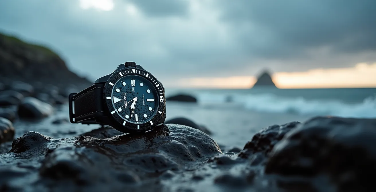 Extreme Nahaufnahme einer robusten deutschen Taucheruhr mit sichtbaren Wassertropfen