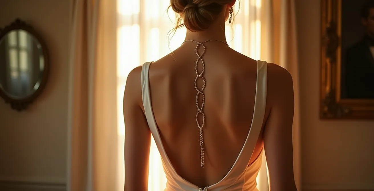 Rückenansicht einer Braut, deren elegante Silhouette durch eine filigrane Rückenkette auf einem rückenfreien Kleid betont wird