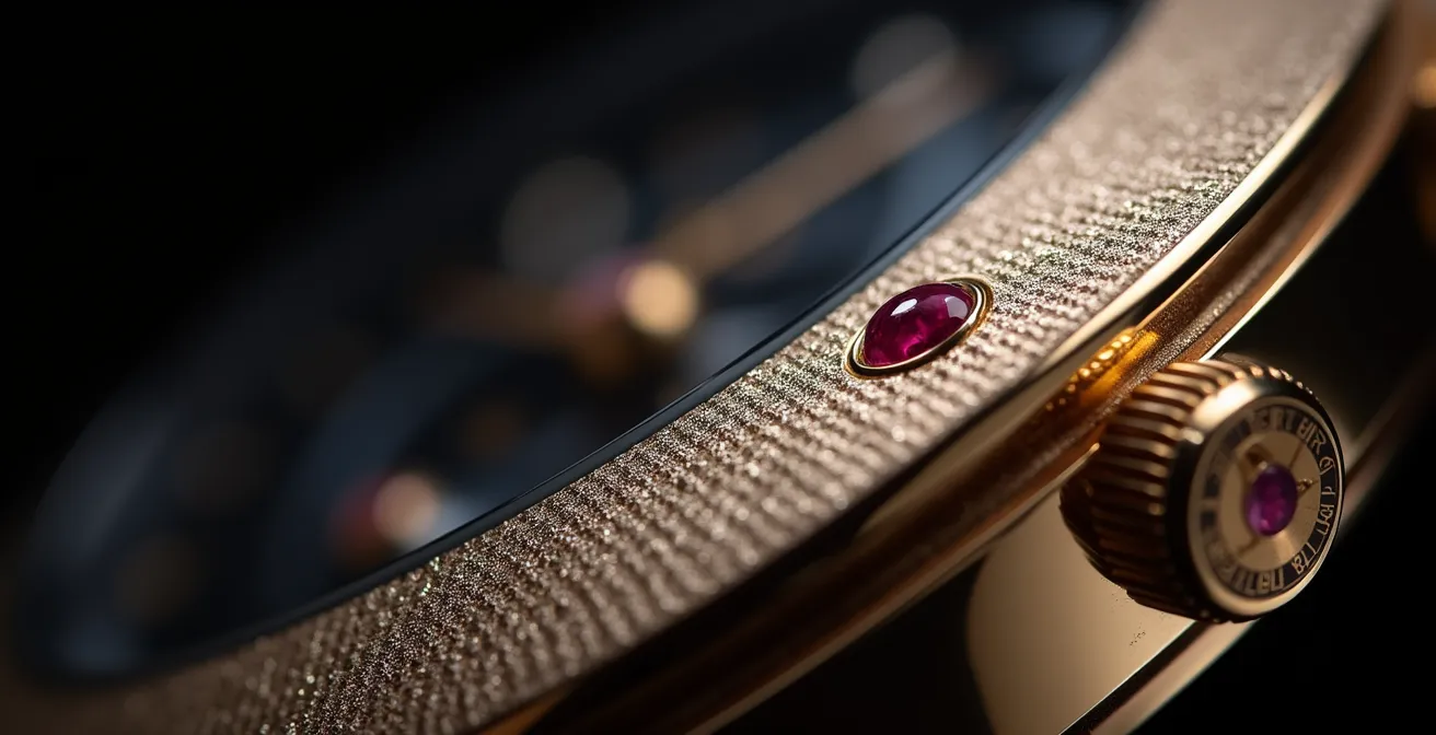 Makroaufnahme eines fein dekorierten Uhrwerk-Details mit Perlage und anglierten Kanten