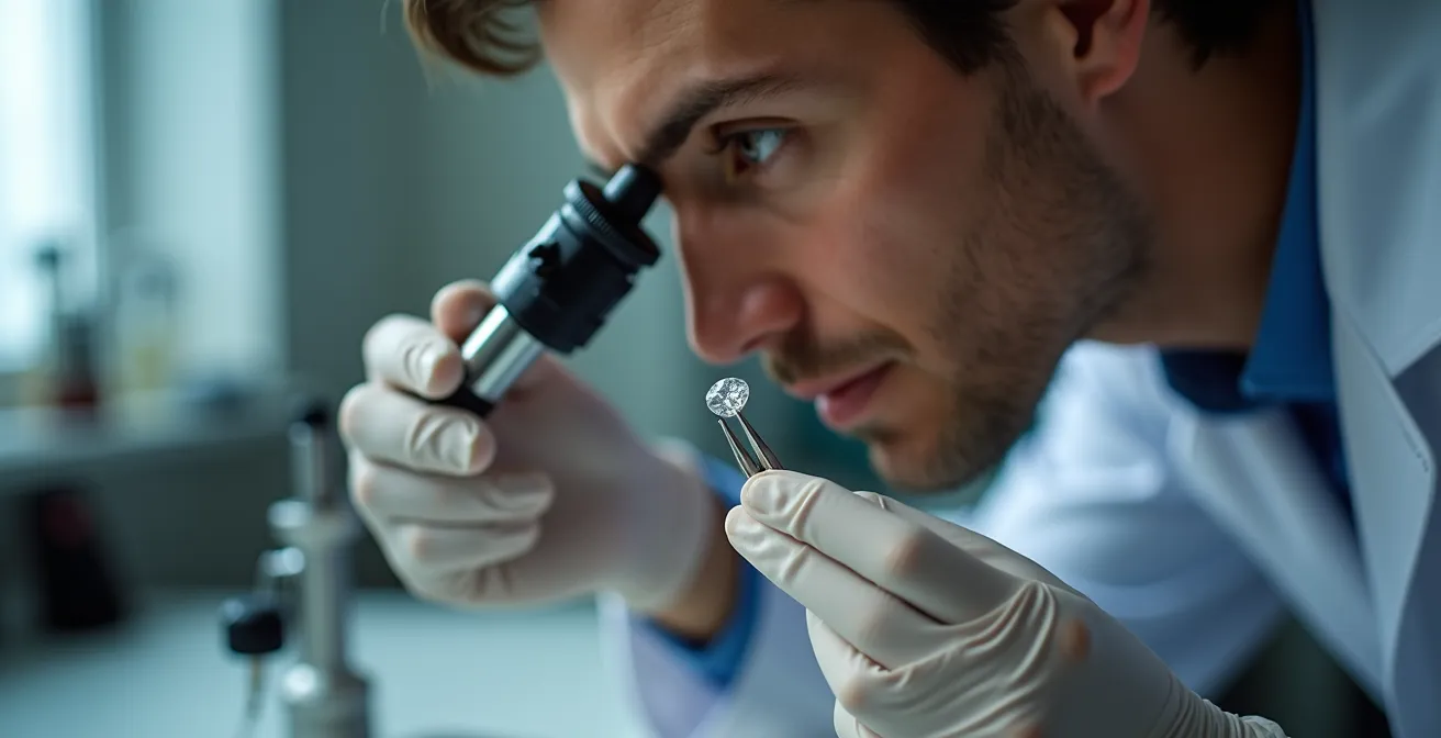 Gemmologe untersucht Diamant mit 10-fach Lupe in professionellem Labor