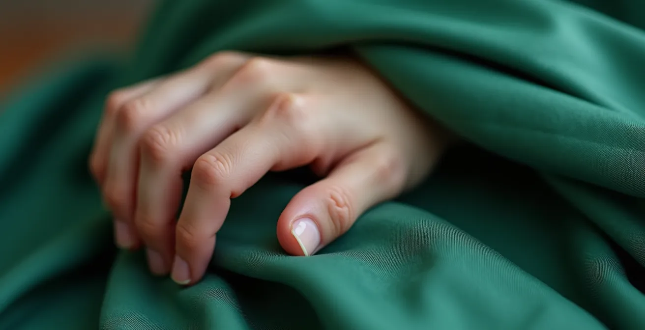 Nahaufnahme einer ruhigen Hand auf einem Waldgrünen Schal während einer Atemübung
