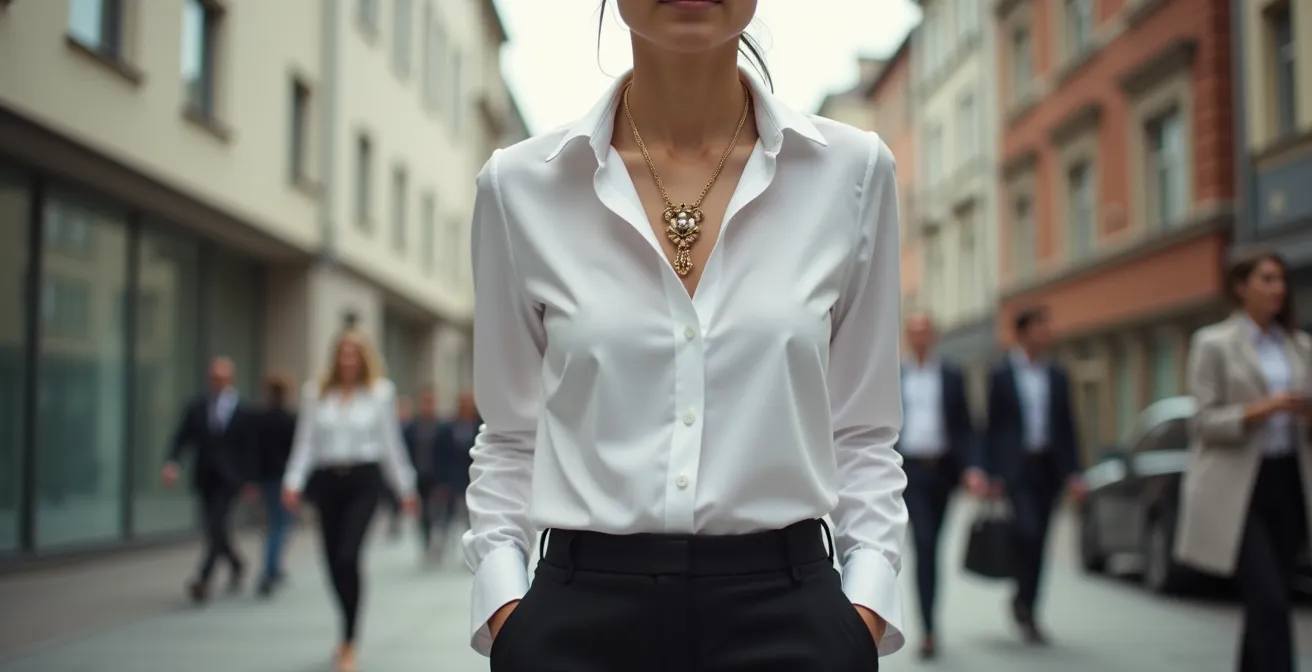 Moderne Trägerin kombiniert viktorianische Brosche mit minimalistischem Outfit