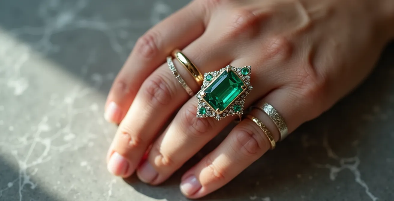 Art-Déco-Ring kombiniert mit minimalistischen Ringen in geometrischer Anordnung