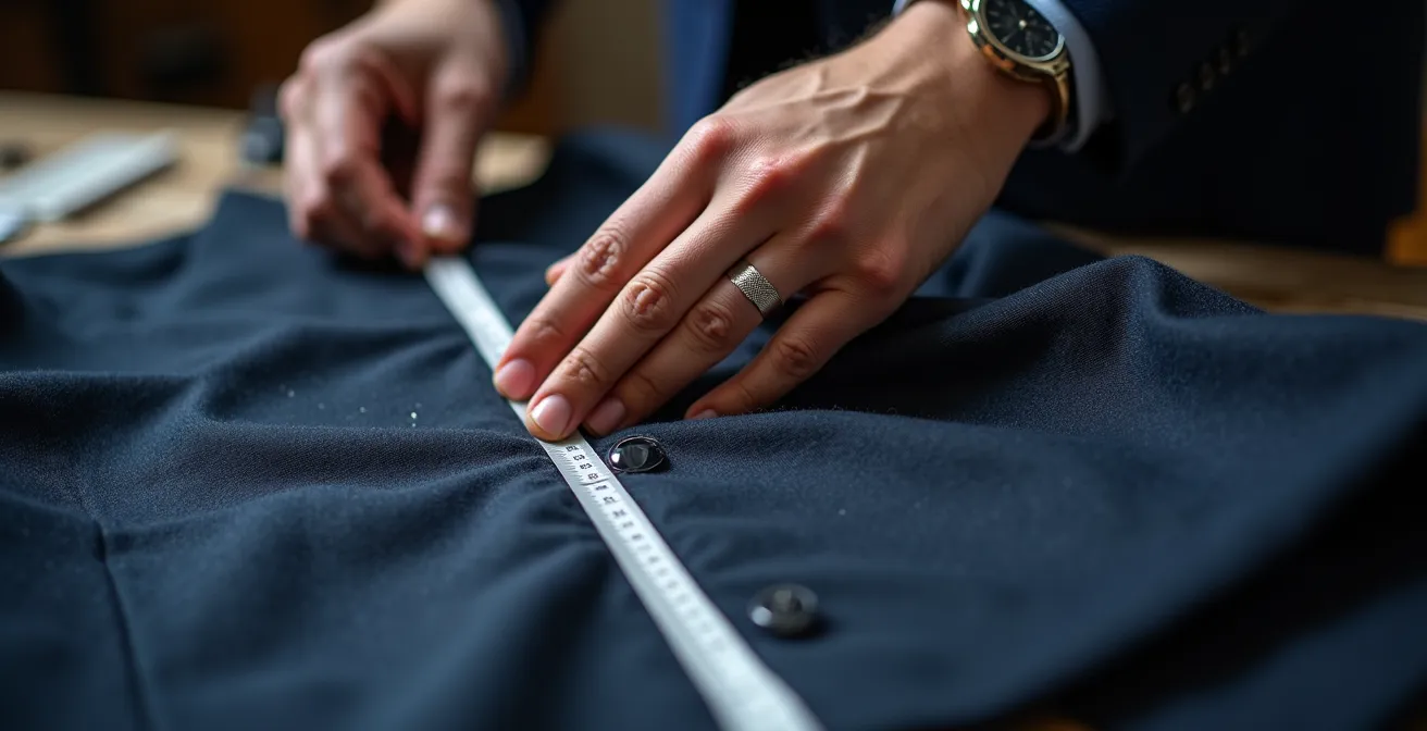Detailaufnahme einer Schneiderin beim Anpassen eines Blazers mit Stecknadeln und Kreide