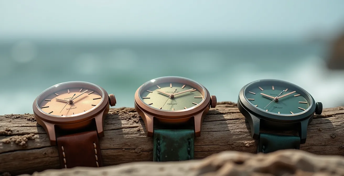 Drei Bronze-Uhrengehäuse zeigen verschiedene Patina-Stadien von neu bis stark oxidiert