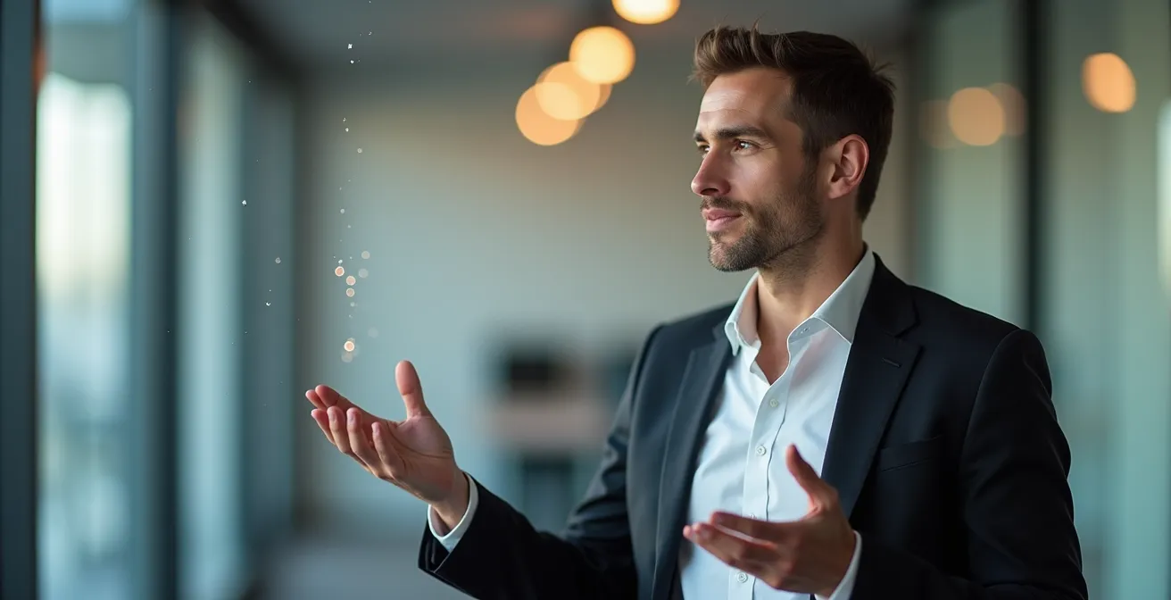 Professionelle Person in deutschem Büroumfeld mit subtiler Duftaura visualisiert