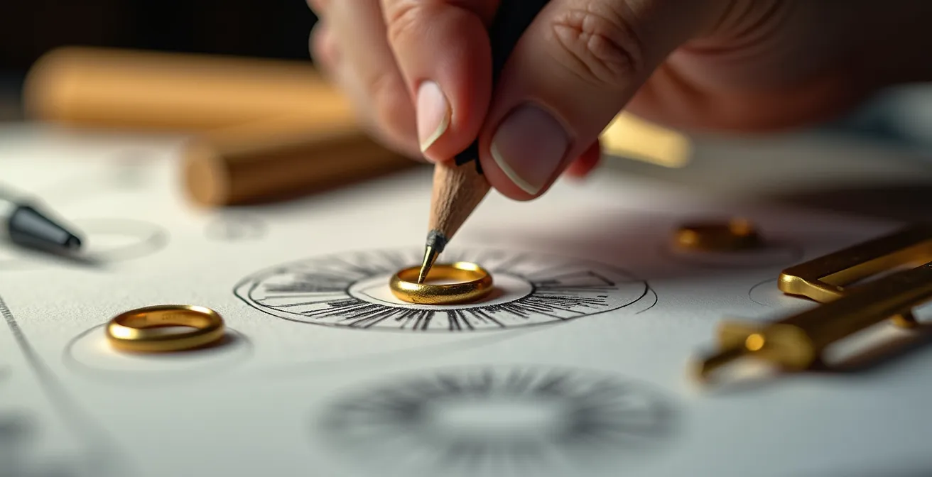 Detaillierte Designskizze und Wachsmodell für Schmuckanfertigung