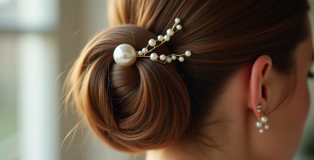 Elegante asymmetrische Haarspangen-Platzierung am Chignon, die eine edle Wirkung zeigt