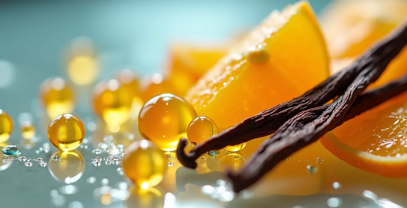 Makroaufnahme von Zitrusöl-Tropfen und Vanilleschoten auf einer Glasoberfläche