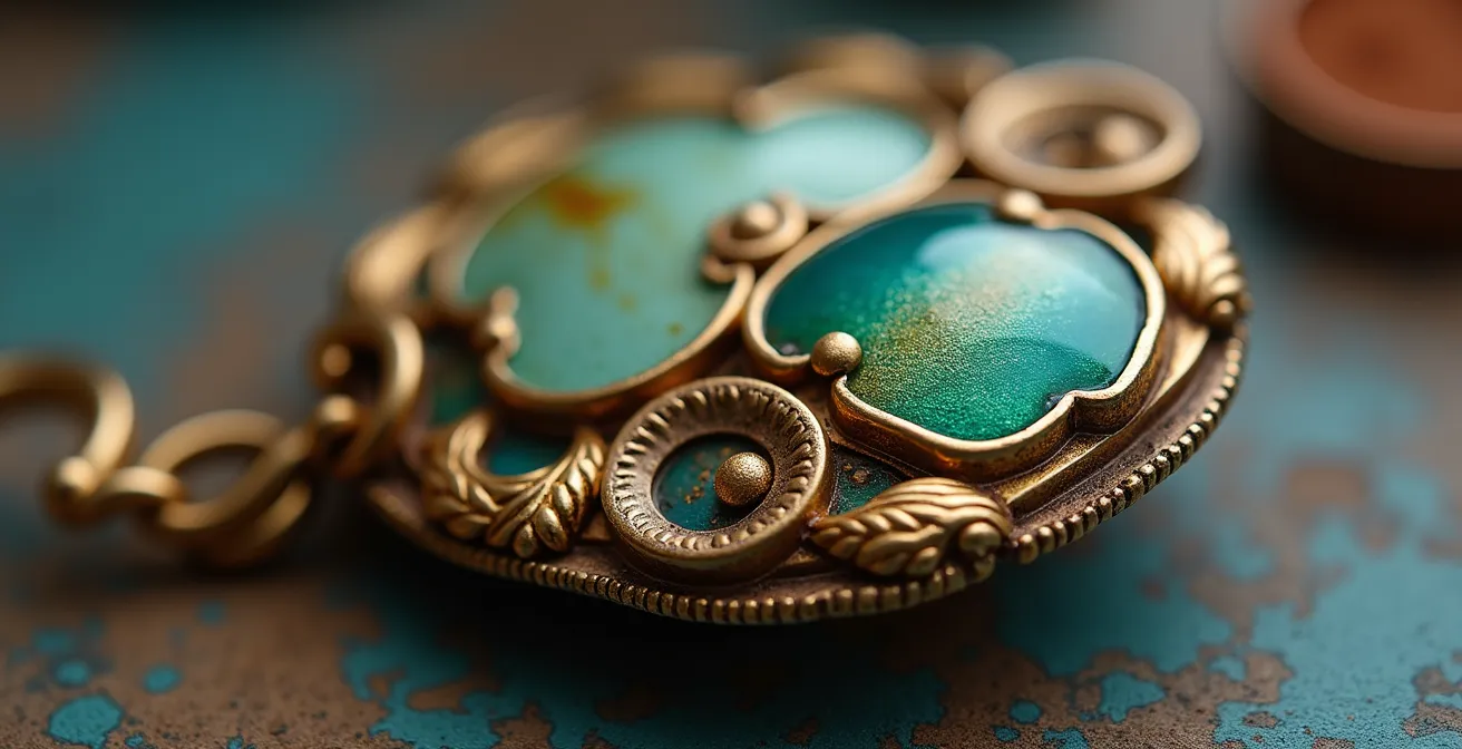 Makroaufnahme einer präzisen Emaille-Reparatur an einem Jugendstil-Ring