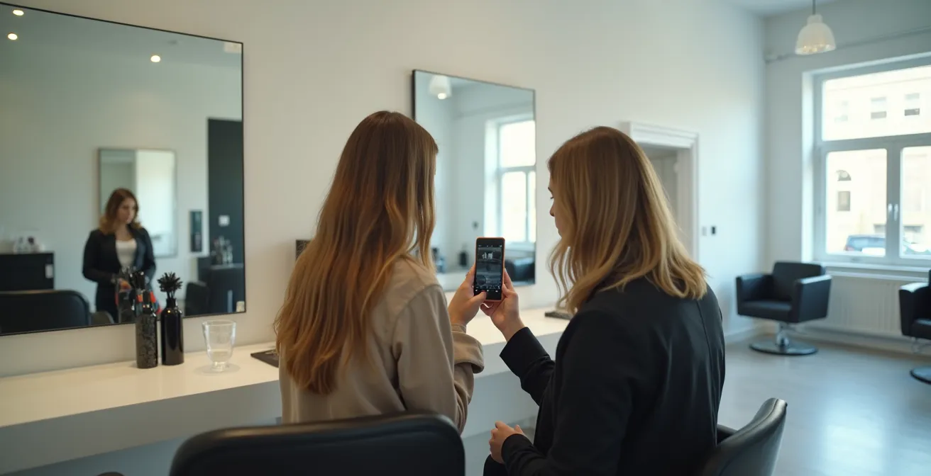Kunde zeigt Friseur Referenzbilder auf Smartphone