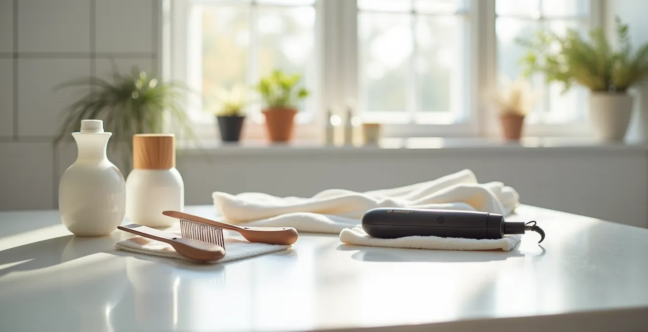 Nahaufnahme der Reinigung von Glätteisen-Platten mit professionellen Pflegemitteln