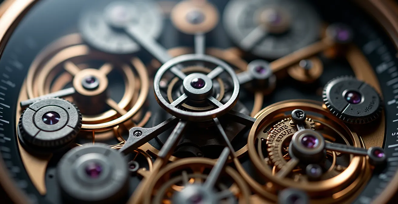Makroaufnahme eines dreifach-axialen Tourbillons mit sichtbarer Käfigkonstruktion und Minutenrepetition