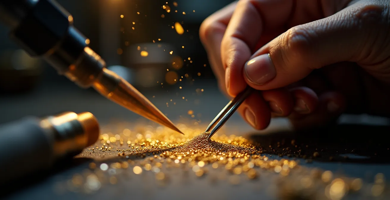 Detailaufnahme traditioneller Granulationstechnik auf Gold mit Feueremaille