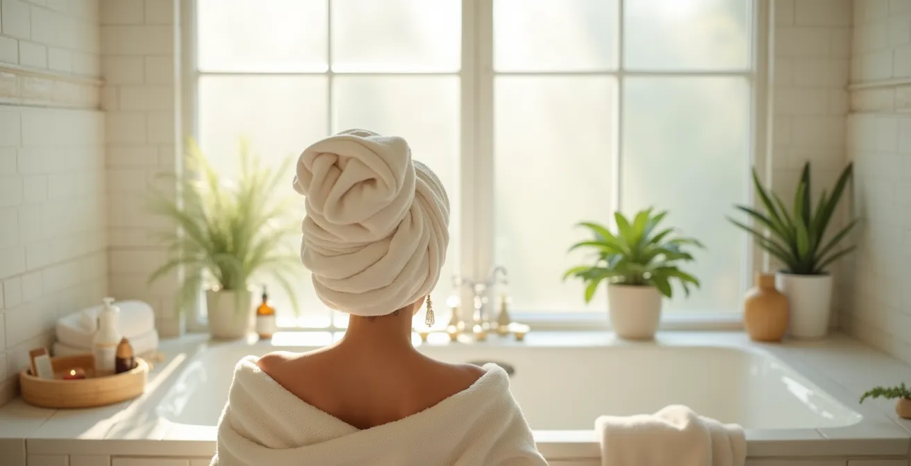 Frau mit Handtuchturban in entspannter Spa-Atmosphäre zur Intensivierung einer Haarmaske