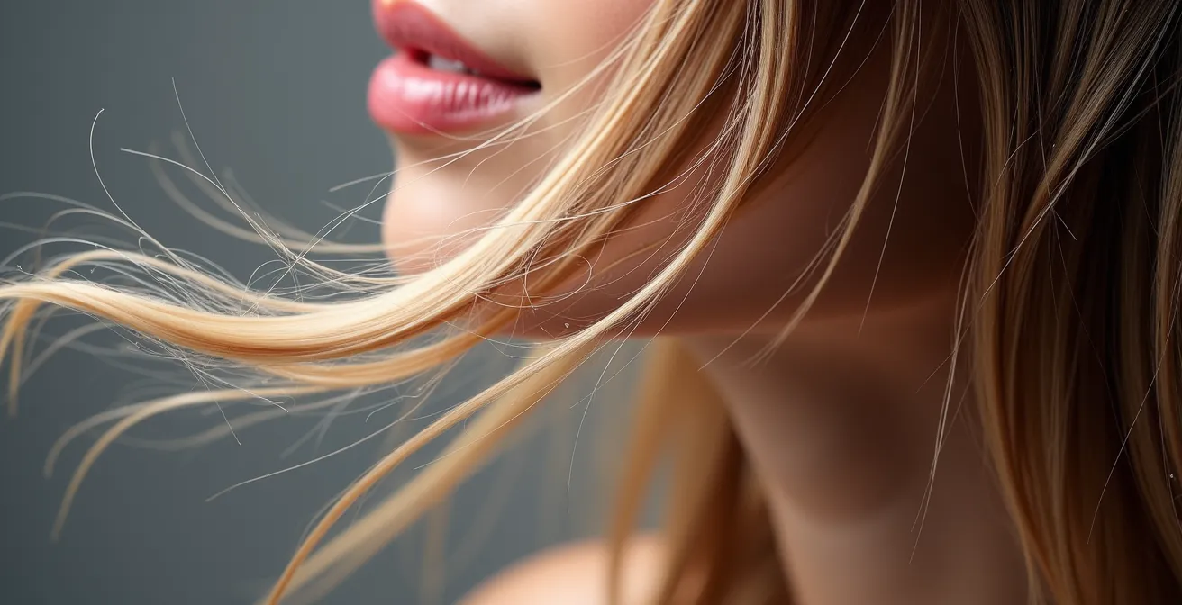 Detailaufnahme von Haarsträhnen mit Hitzeschutzspray während der Trocknungsphase