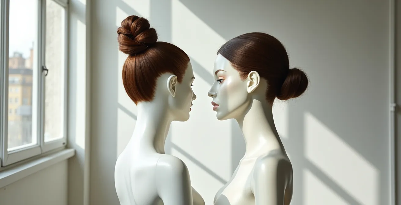 Vergleich zwischen hohem Chignon und tiefem Nackendutt, der die unterschiedliche Wirkung auf die Silhouette zeigt