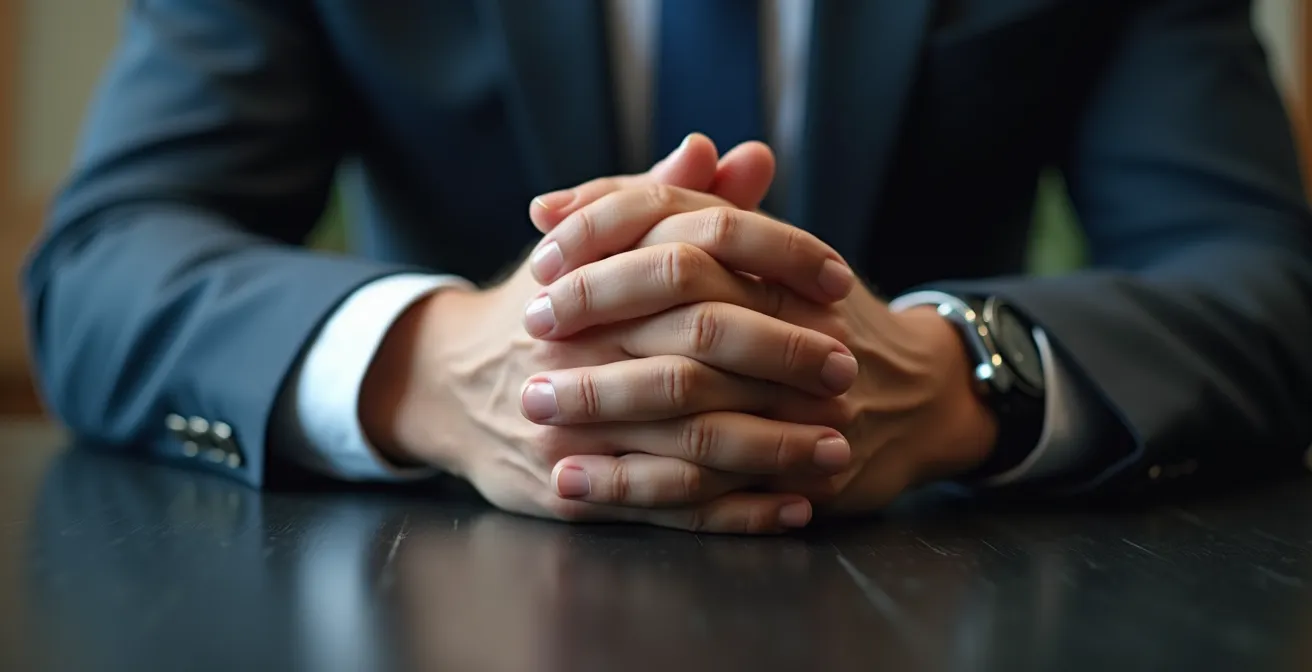 Detailaufnahme von Händen, die ruhig und selbstbewusst auf einem Konferenztisch liegen und eine kompetente Gesprächsgeste annehmen.