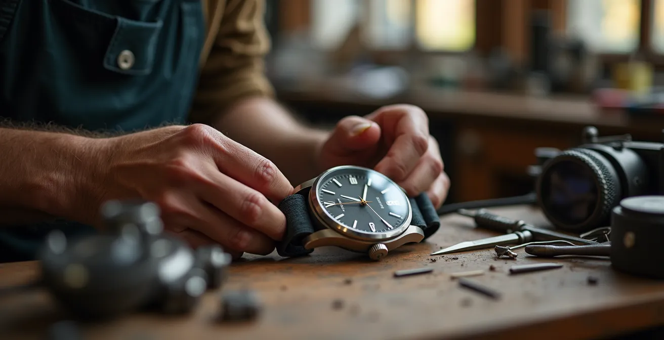 Robuste deutsche Toolwatch auf Uhrmacher-Werkbank mit traditionellen Werkzeugen