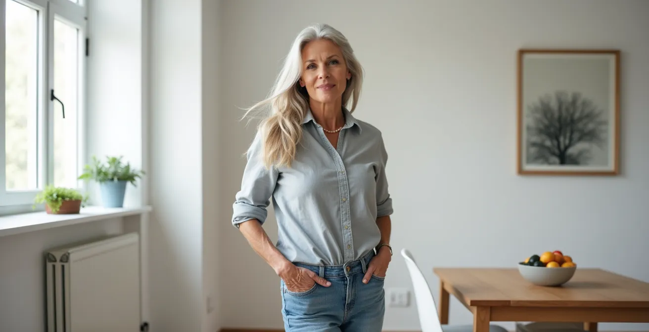 Frau über 50 mit langen silbergrauen Haaren in elegantem Stil