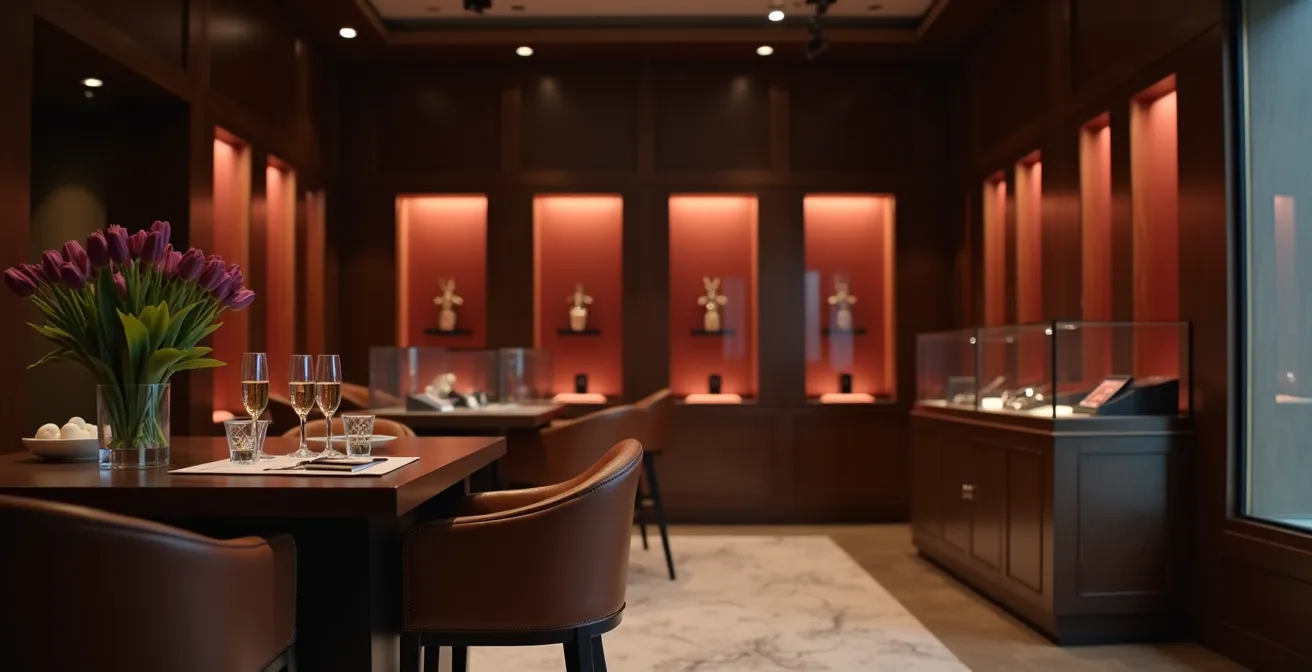 Eleganter Juwelier-Salon mit Vitrinen und gedämpftem Licht, Fokus auf exklusive Präsentationsatmosphäre