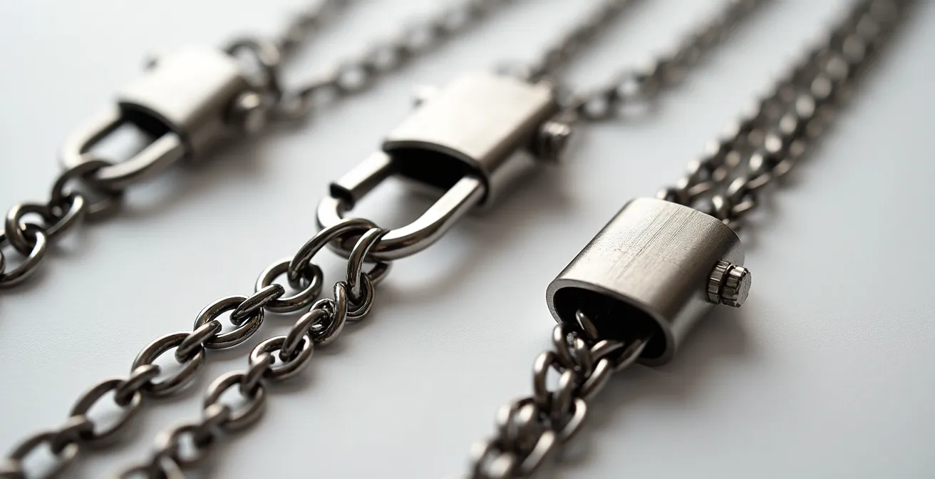 Nahaufnahme verschiedener Layering-Verschlüsse für mehrere Halsketten