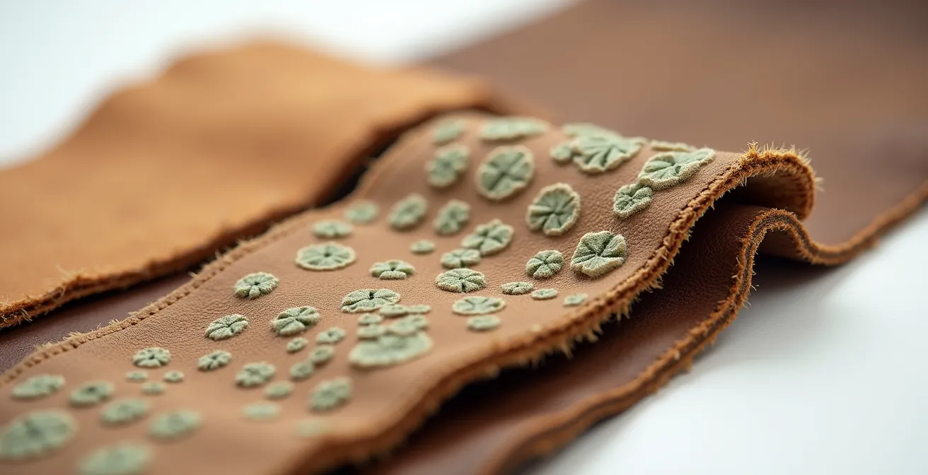 Makroaufnahme innovativer nachhaltiger Lederalternativen aus Pilzen und Äpfeln